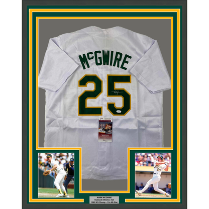 Framed Autographed/Signed Mark McGwire 35x39 Oakland White Baseball Jersey JSA COA