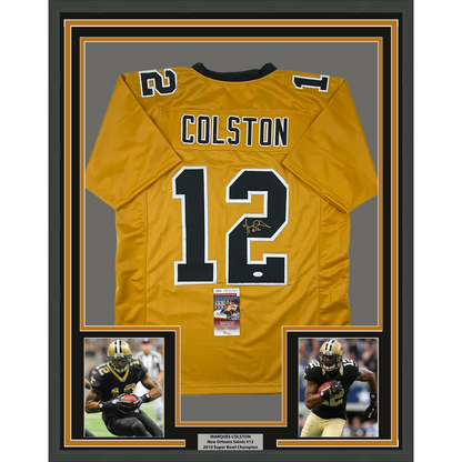 Framed Autographed/Signed Marques Colston 35x39 New Orleans Gold Football Jersey JSA COA
