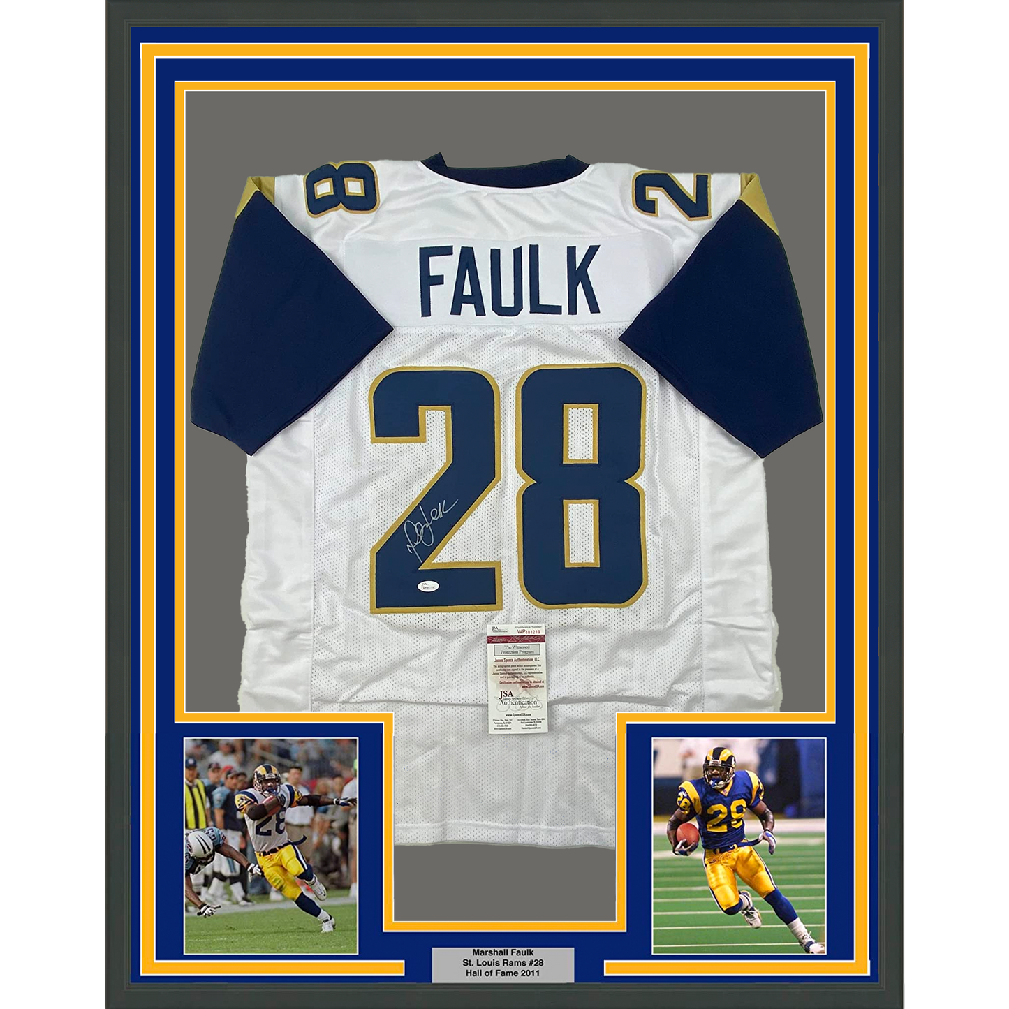 Framed Autographed/Signed Marshall Faulk 35x39 St. Louis White Football Jersey JSA COA