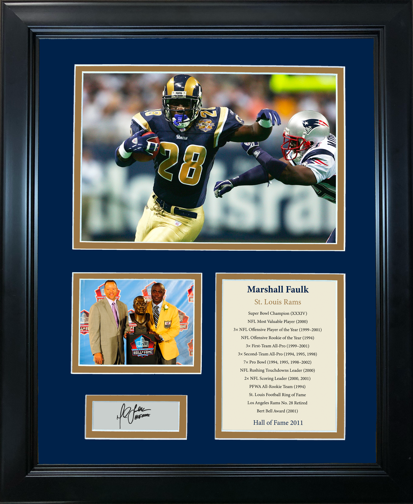 Framed Marshall Faulk Hall of Fame Facsimile Laser Engraved Signature Auto St. Louis Rams 11"x14" Football Photo Sig Collage