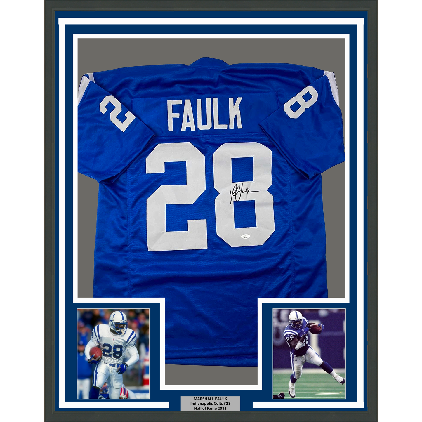 Framed Autographed/Signed Marshall Faulk 35x39 Indianapolis Blue Football Jersey JSA COA
