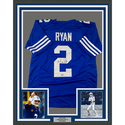 Framed Autographed/Signed Matt Ryan 35x39 Indianapolis Blue Football Jersey Beckett BAS COA