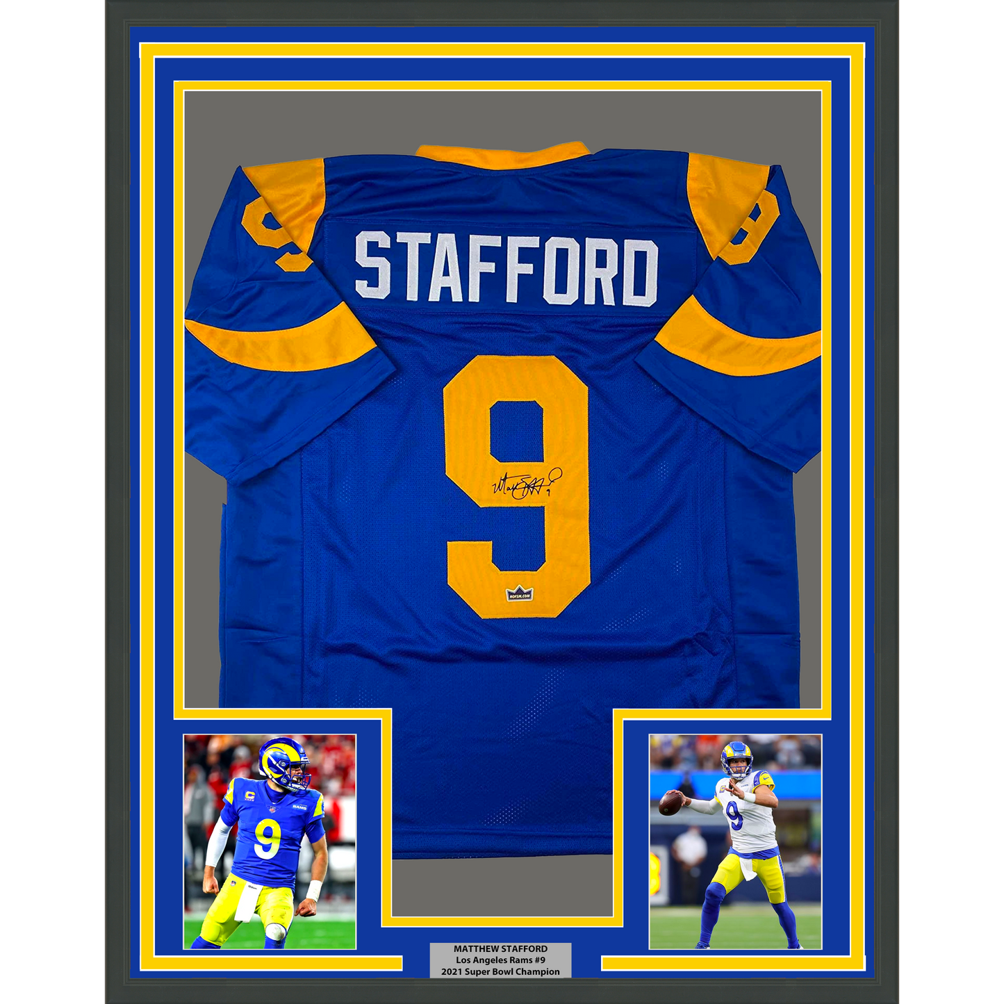 Framed Facsimile Autographed Matthew Stafford 35x39 Los Angeles LA Royal Blue Retro Reprint Laser Auto Football Jersey