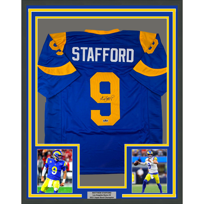 Framed Facsimile Autographed Matthew Stafford 35x39 Los Angeles LA Royal Blue Retro Reprint Laser Auto Football Jersey