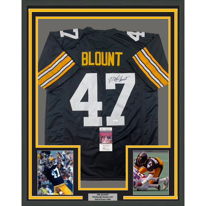 Framed Autographed/Signed Mel Blount 35x39 Pittsburgh Black Football Jersey JSA COA