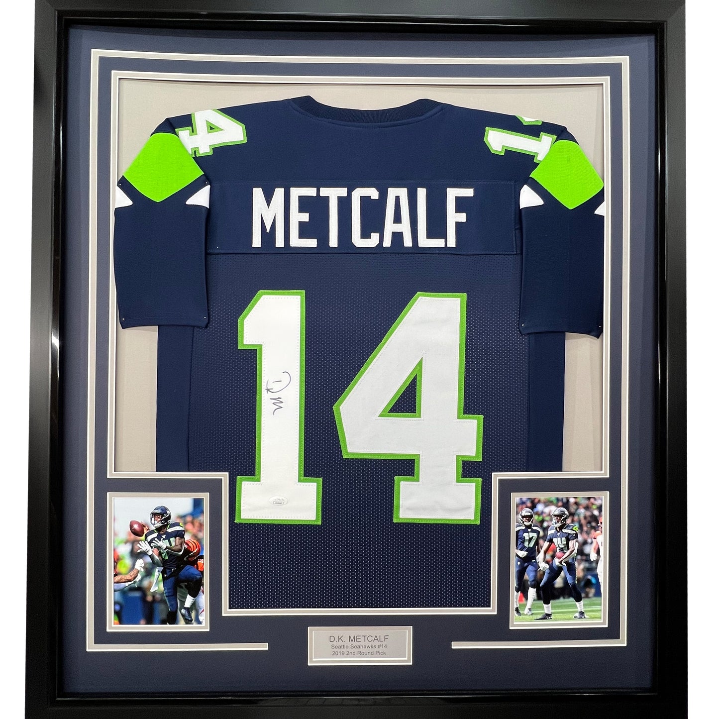 Framed Autographed/Signed DK D.K. Metcalf 35x39 Seattle Blue Football Jersey JSA COA #2