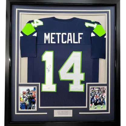 Framed Autographed/Signed DK D.K. Metcalf 35x39 Seattle Blue Football Jersey JSA COA #2