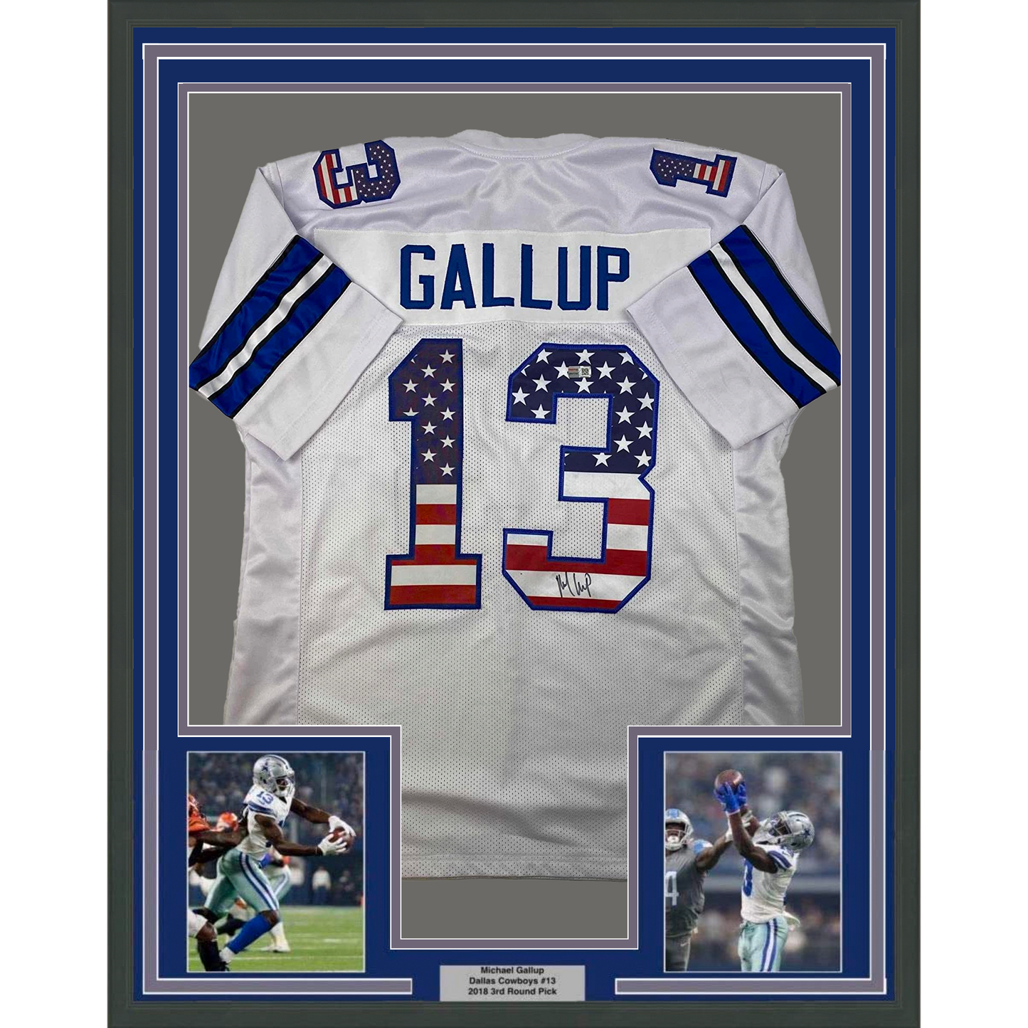 Framed Autographed/Signed Michael Gallup 35x39 Dallas America's Team White Football Jersey Tristar COA