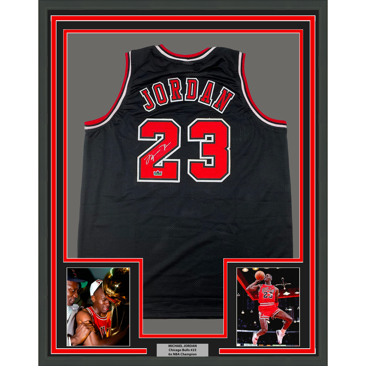 Framed Facsimile Autographed Michael Jordan 35x39 Chicago Black Reprint Laser Auto Basketball Jersey