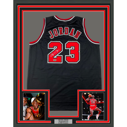 Framed Facsimile Autographed Michael Jordan 35x39 Chicago Black Reprint Laser Auto Basketball Jersey