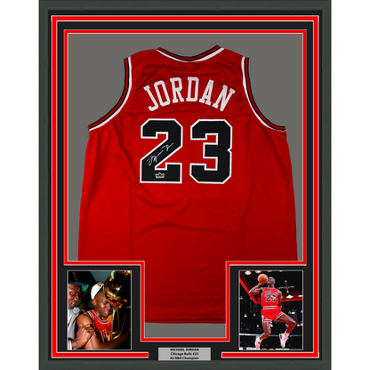 Framed Facsimile Autographed Michael Jordan 35x39 Chicago Red Reprint Laser Auto Basketball Jersey