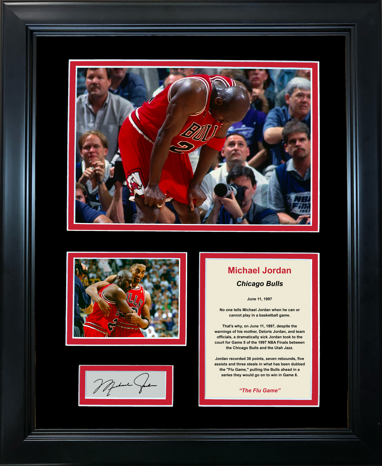 Framed Michael Jordan Flu Game Facsimile Laser Engraved Signature Auto Chicago Bulls Basketball 11"x14" Photo Sig Collage