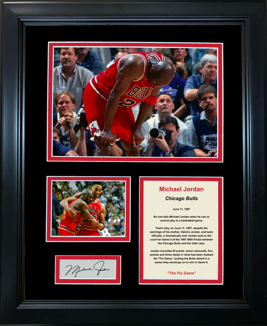 Framed Michael Jordan Flu Game Facsimile Laser Engraved Signature Auto Chicago Bulls Basketball 11"x14" Photo Sig Collage