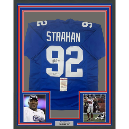 Framed Autographed/Signed Michael Strahan 35x39 HOF 14 New York Blue Football Jersey JSA COA
