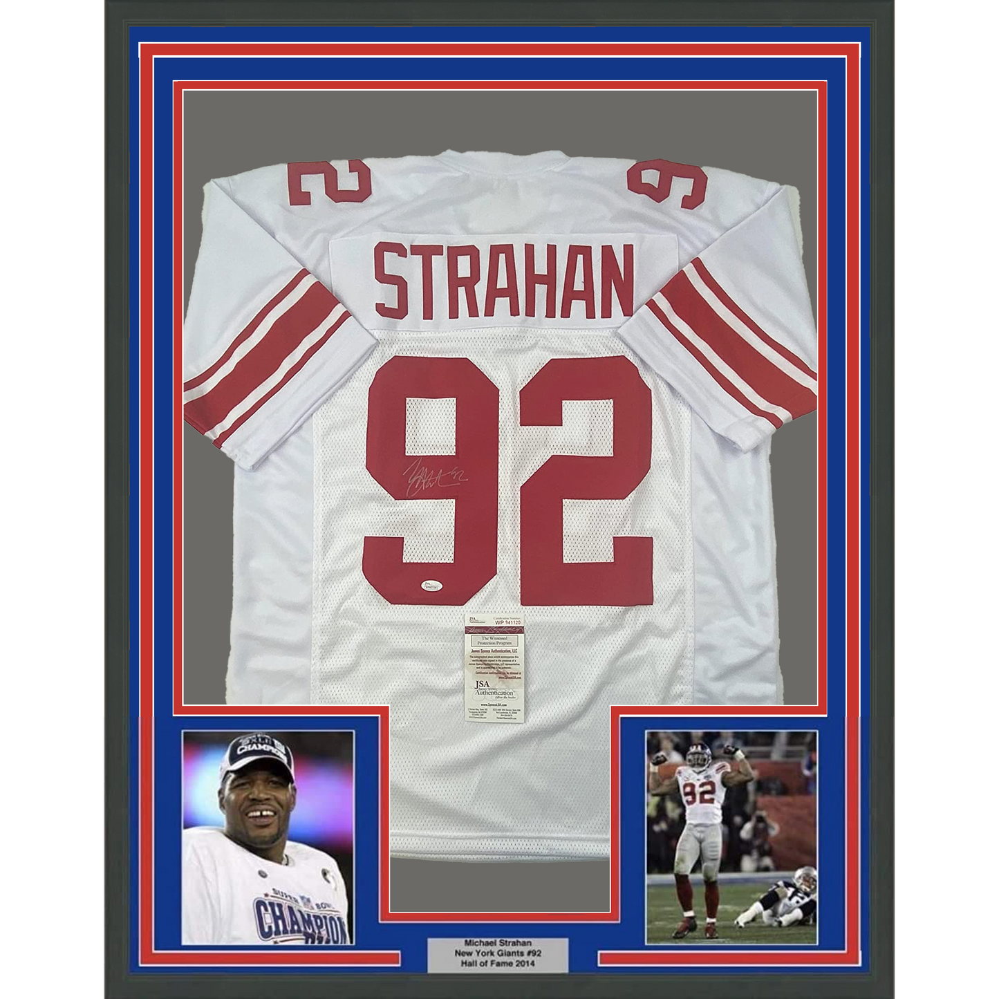Framed Autographed/Signed Michael Strahan 35x39 New York White Football Jersey JSA COA