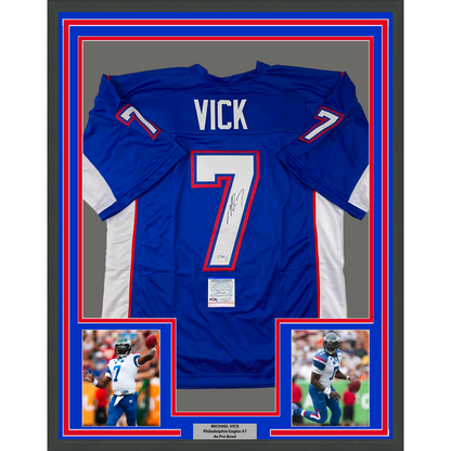 Framed Autographed/Signed Michael Mike Vick 35x39 Pro Bowl Blue Football Jersey PSA/DNA COA