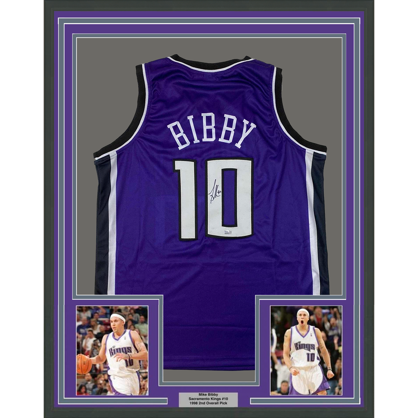 Framed Autographed/Signed Mike Bibby 35x39 Sacramento Purple Basketball Jersey Steiner COA