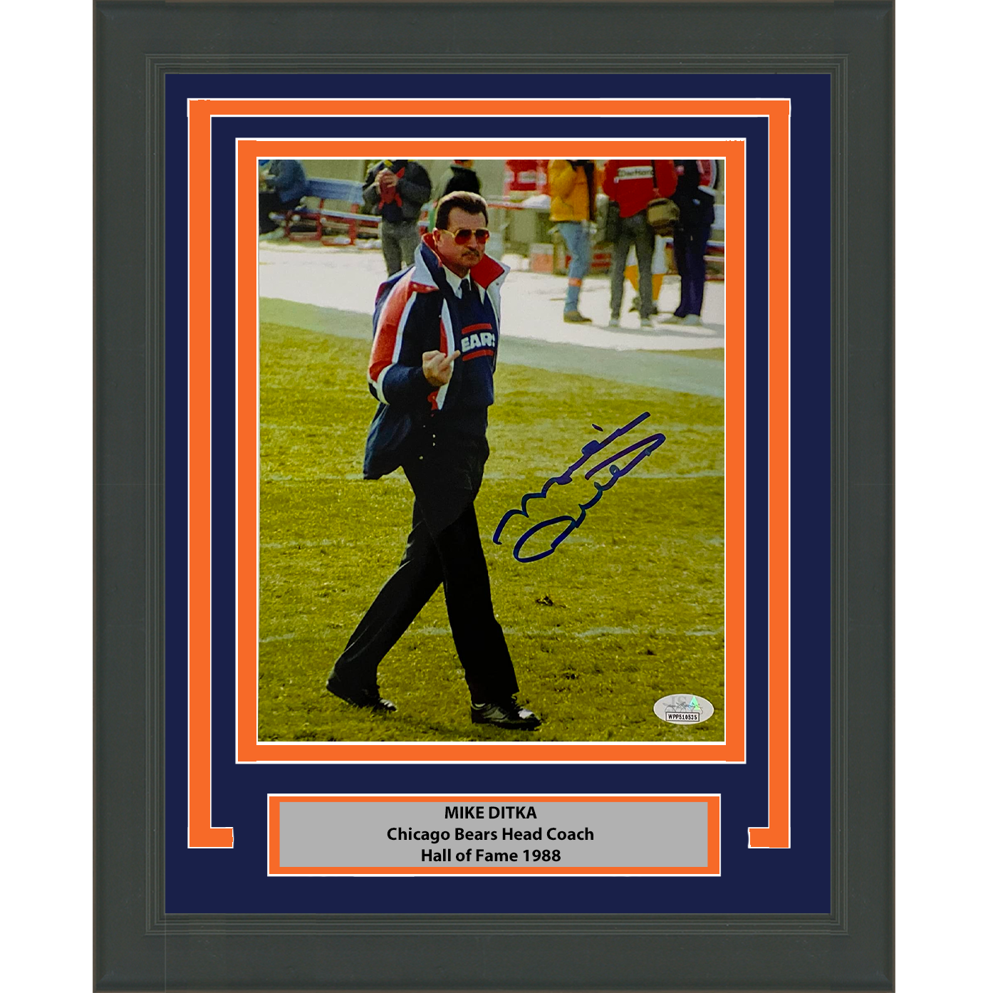 Framed Autographed/Signed Mike Ditka Middle Finger Flipping Off Chicago Bears 8x10 Football Photo JSA COA