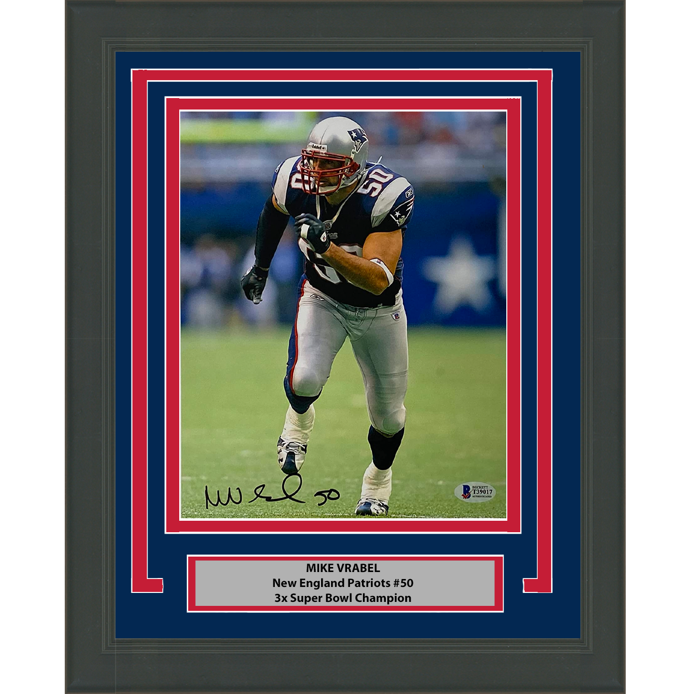 Framed Autographed/Signed Mike Vrabel New England Patriots 8x10 Football Photo Beckett BAS COA #2