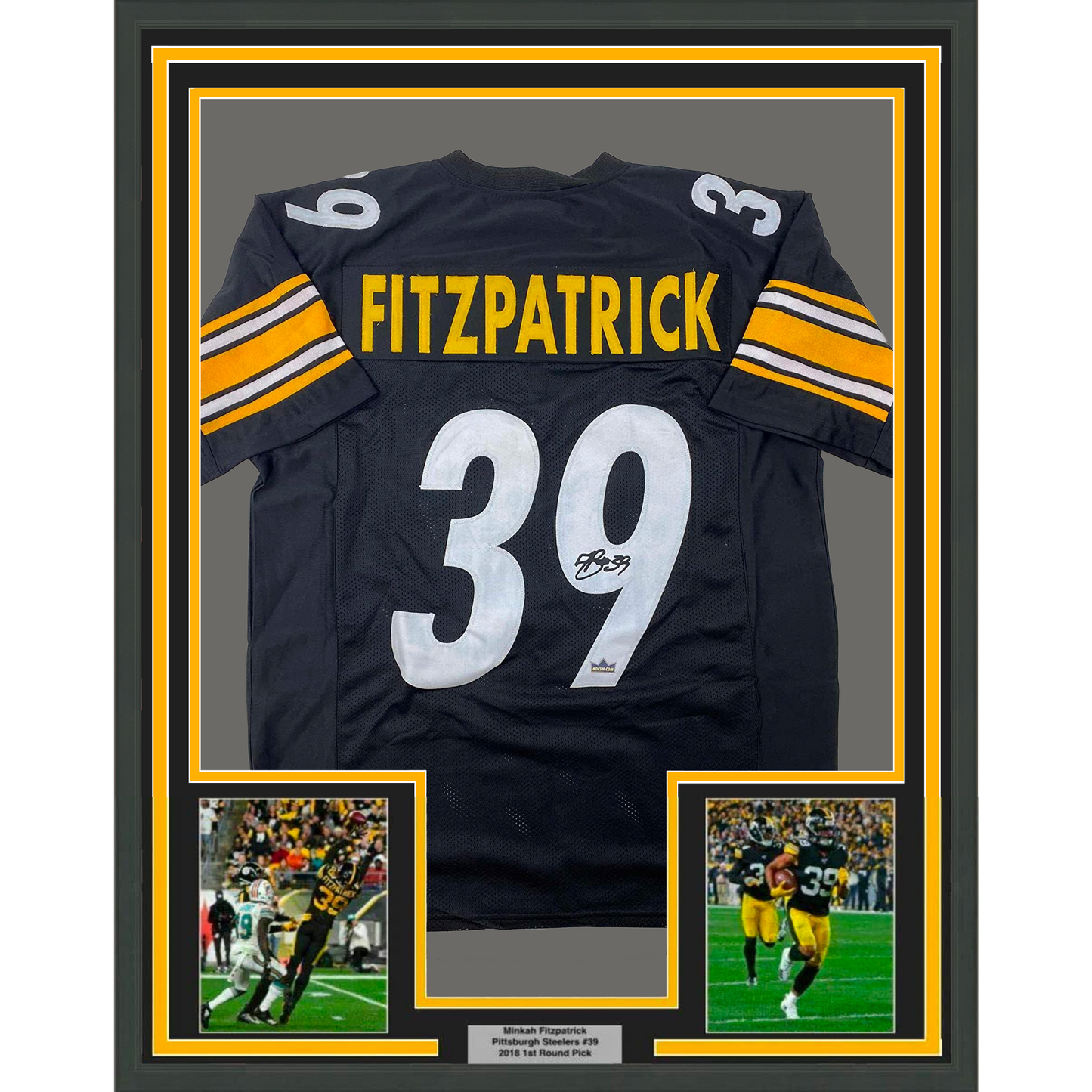 Framed Facsimile Autographed Minkah Fitzpatrick 35x39 Pittsburgh Black Reprint Laser Auto Football Jersey