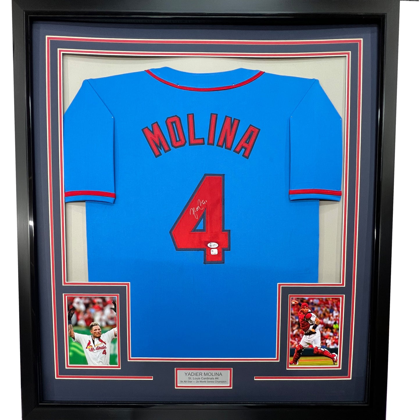 Framed Autographed/Signed Yadier Molina 35x39 St. Louis Blue Baseball Jersey Beckett BAS COA