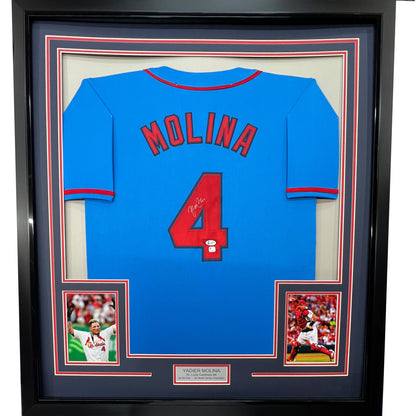 Framed Autographed/Signed Yadier Molina 35x39 St. Louis Blue Baseball Jersey Beckett BAS COA