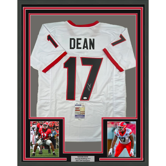 Framed Autographed/Signed Nakobe Dean 35x39 Georgia White College Football Jersey JSA COA