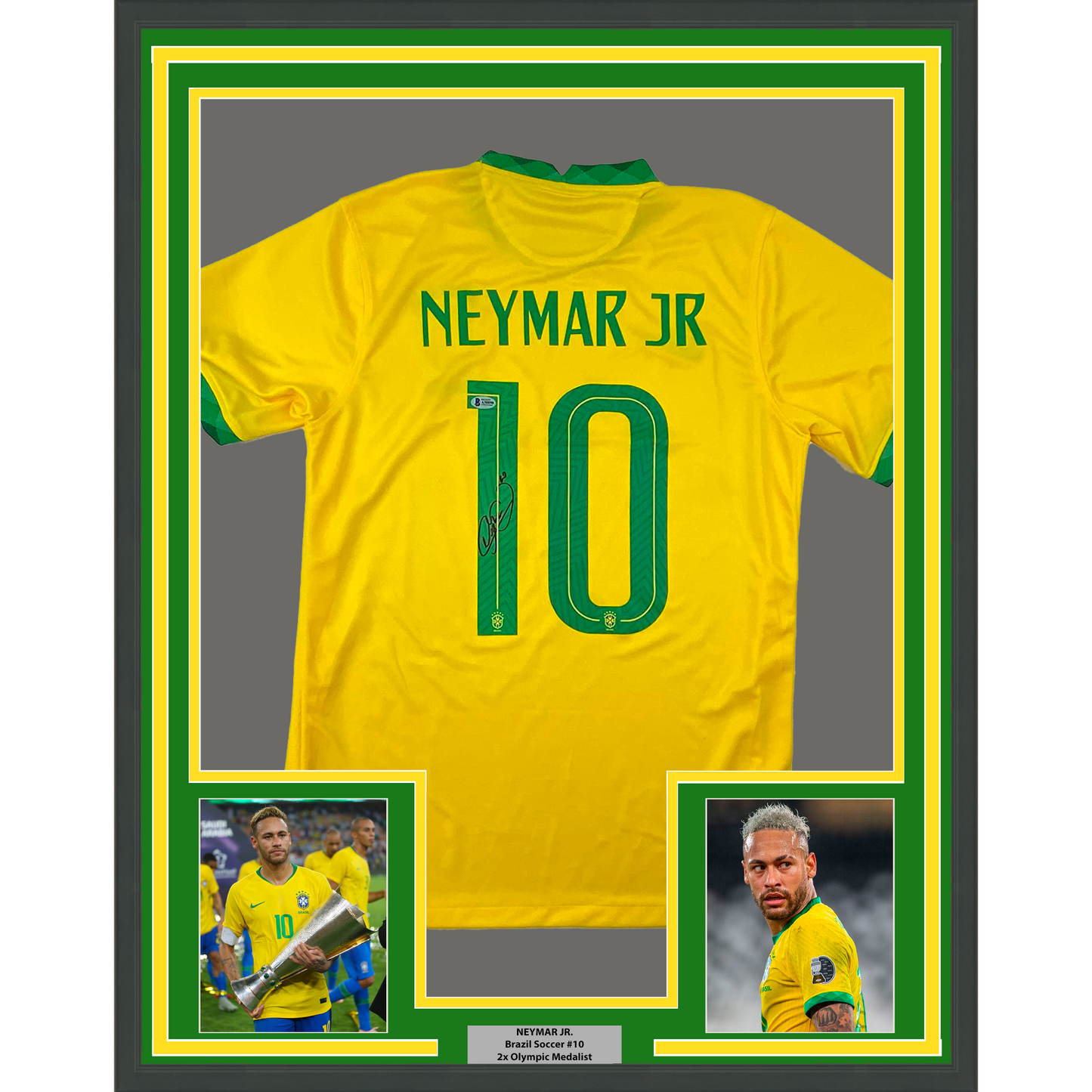 Framed Autographed/Signed Neymar Jr. 35x39 Brazil Soccer Futbol Jersey Beckett BAS COA/LOA