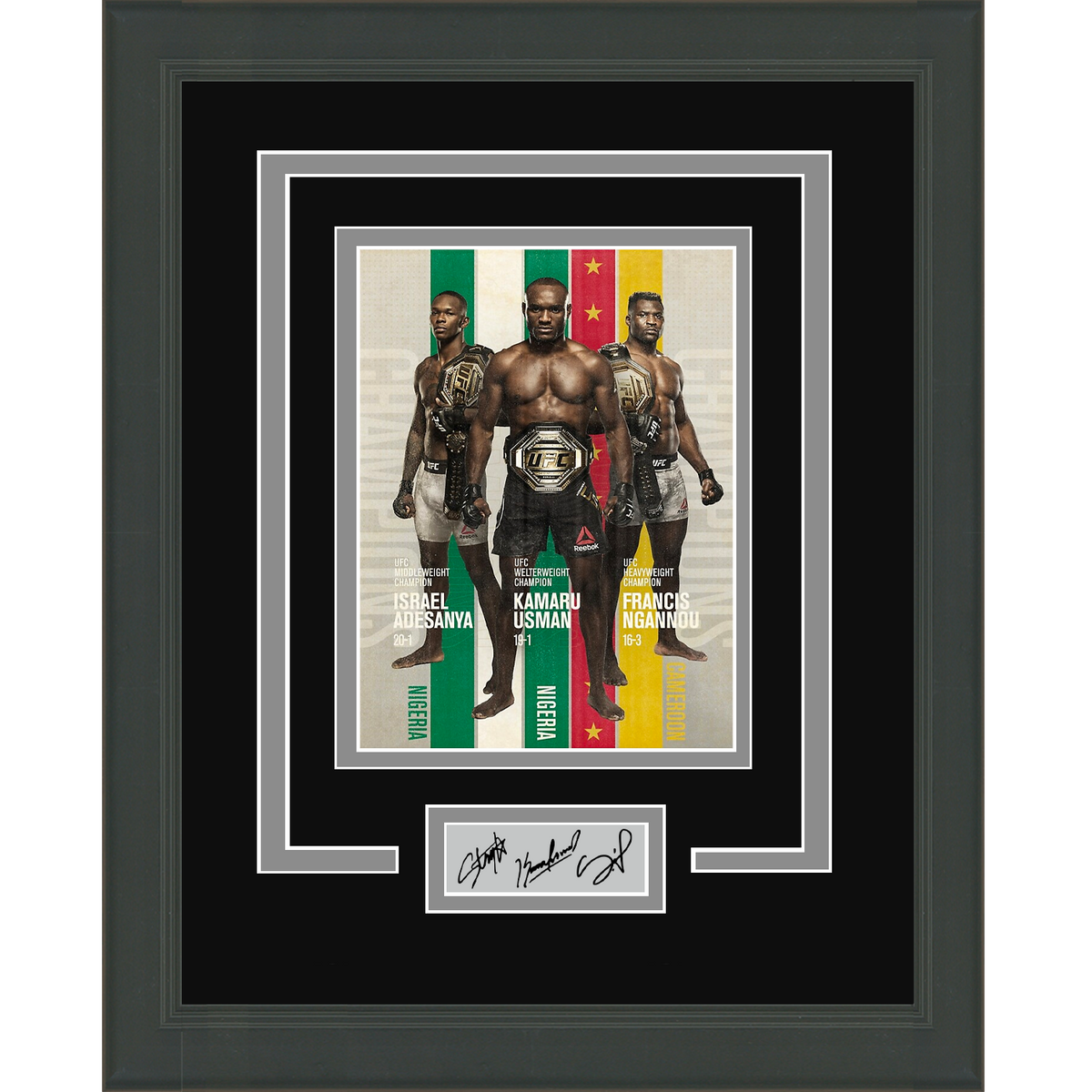 Framed Israel Adesanya, Francis Ngannou & Kamaru Usman Facsimile Laser Engraved Signature Auto UFC 11x14 Photo