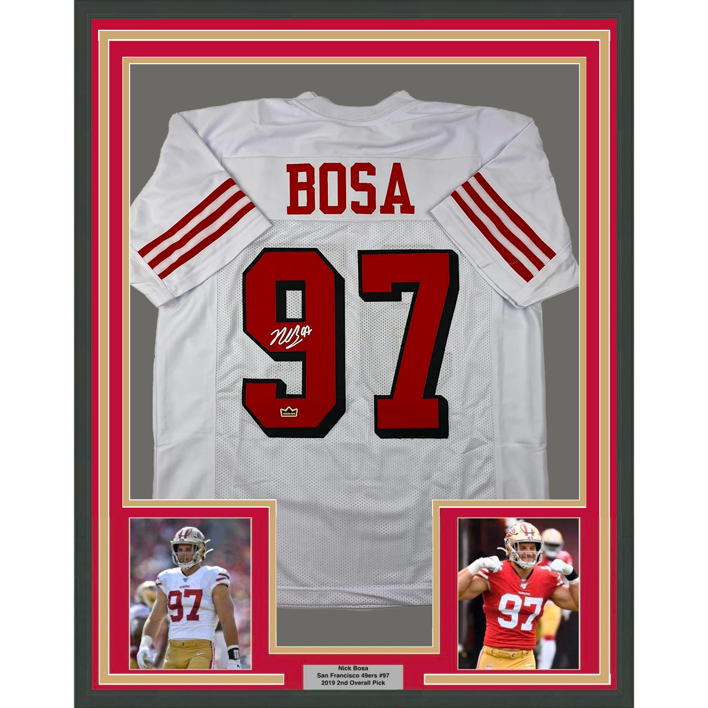 Framed Facsimile Autographed Nick Bosa 35x39 San Francisco White Alternate Reprint Laser Auto Football Jersey