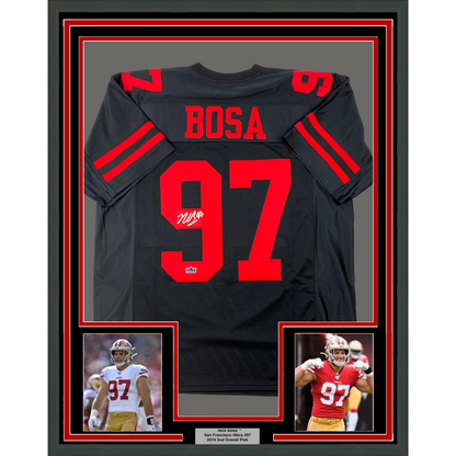 Framed Facsimile Autographed Nick Bosa 35x39 San Francisco Black Reprint Laser Auto Football Jersey