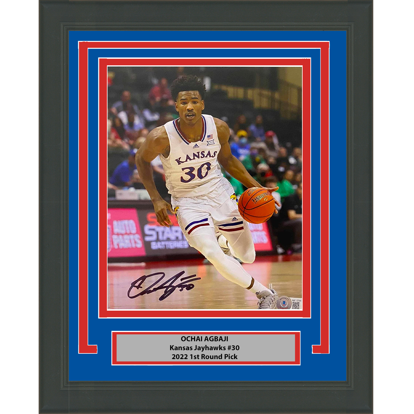 Framed Autographed/Signed Ochai Agbaji Kansas Jayhawks 8x10 Basketball Photo Beckett BAS COA