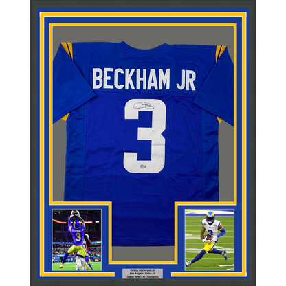 Framed Autographed/Signed Odell Beckham Jr. 35x39 OBJ Los Angeles LA Blue Football Jersey Beckett BAS COA