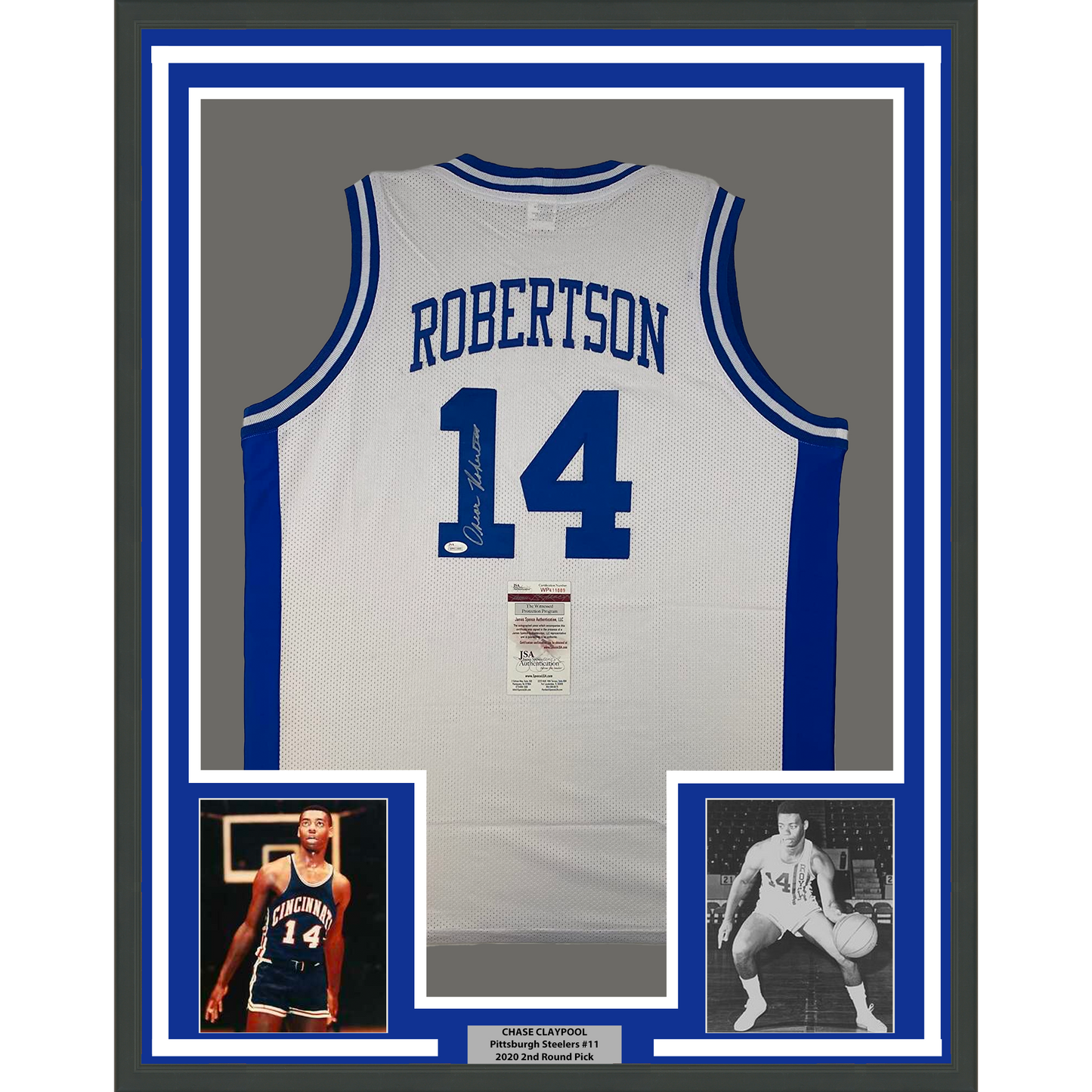 Framed Autographed/Signed Oscar Robertson 35x39 Cincinnati White Basketball Jersey JSA COA