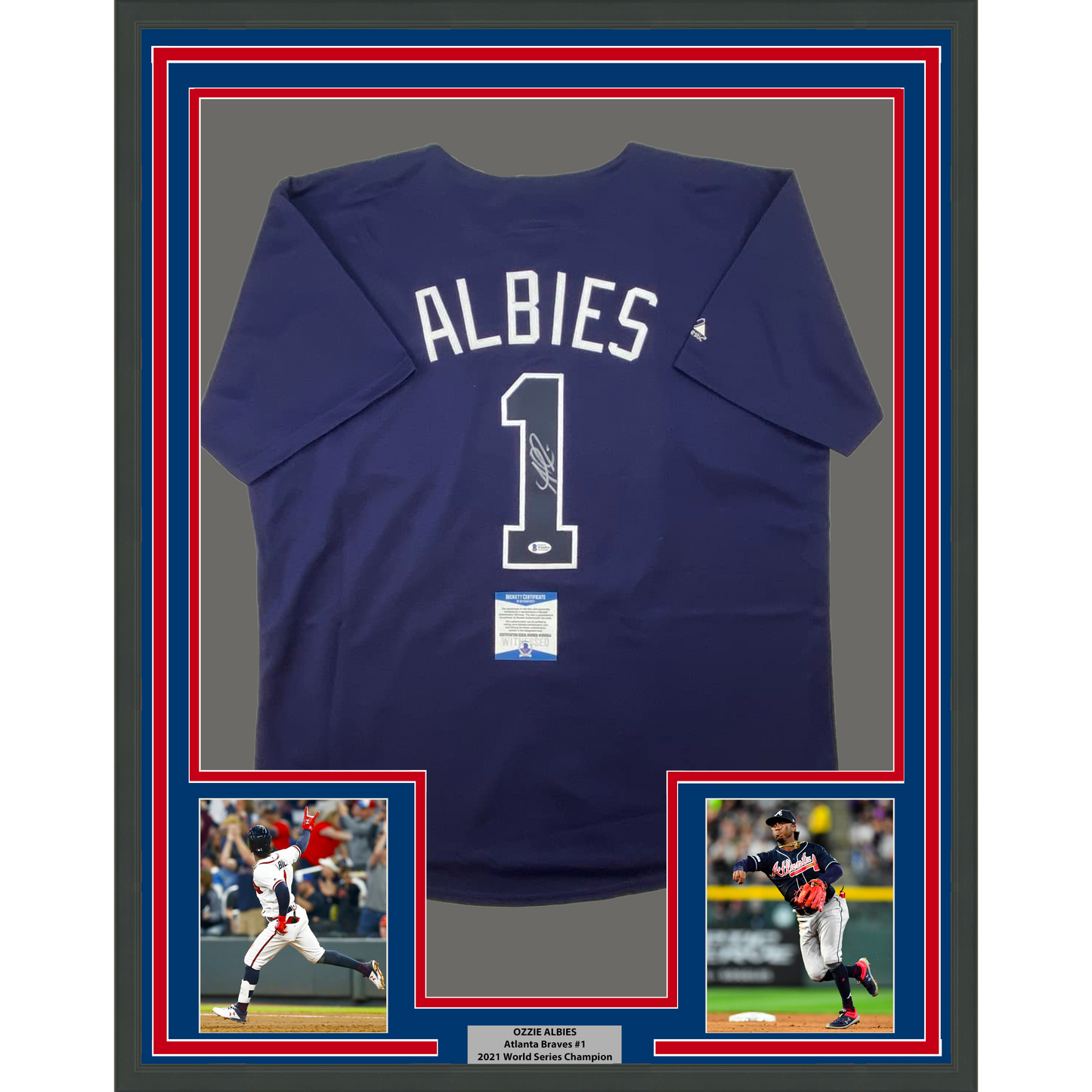 Framed Autographed/Signed Ozzie Albies 35x39 Atlanta Braves Blue Majestic Baseball Jersey Beckett BAS COA