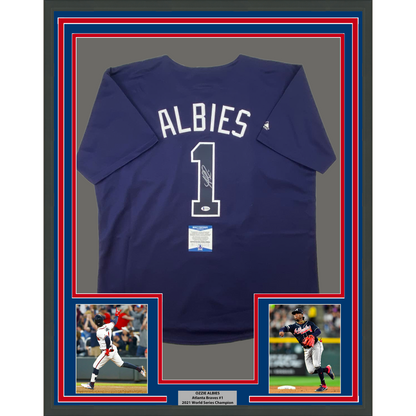 Framed Autographed/Signed Ozzie Albies 35x39 Atlanta Braves Blue Majestic Baseball Jersey Beckett BAS COA