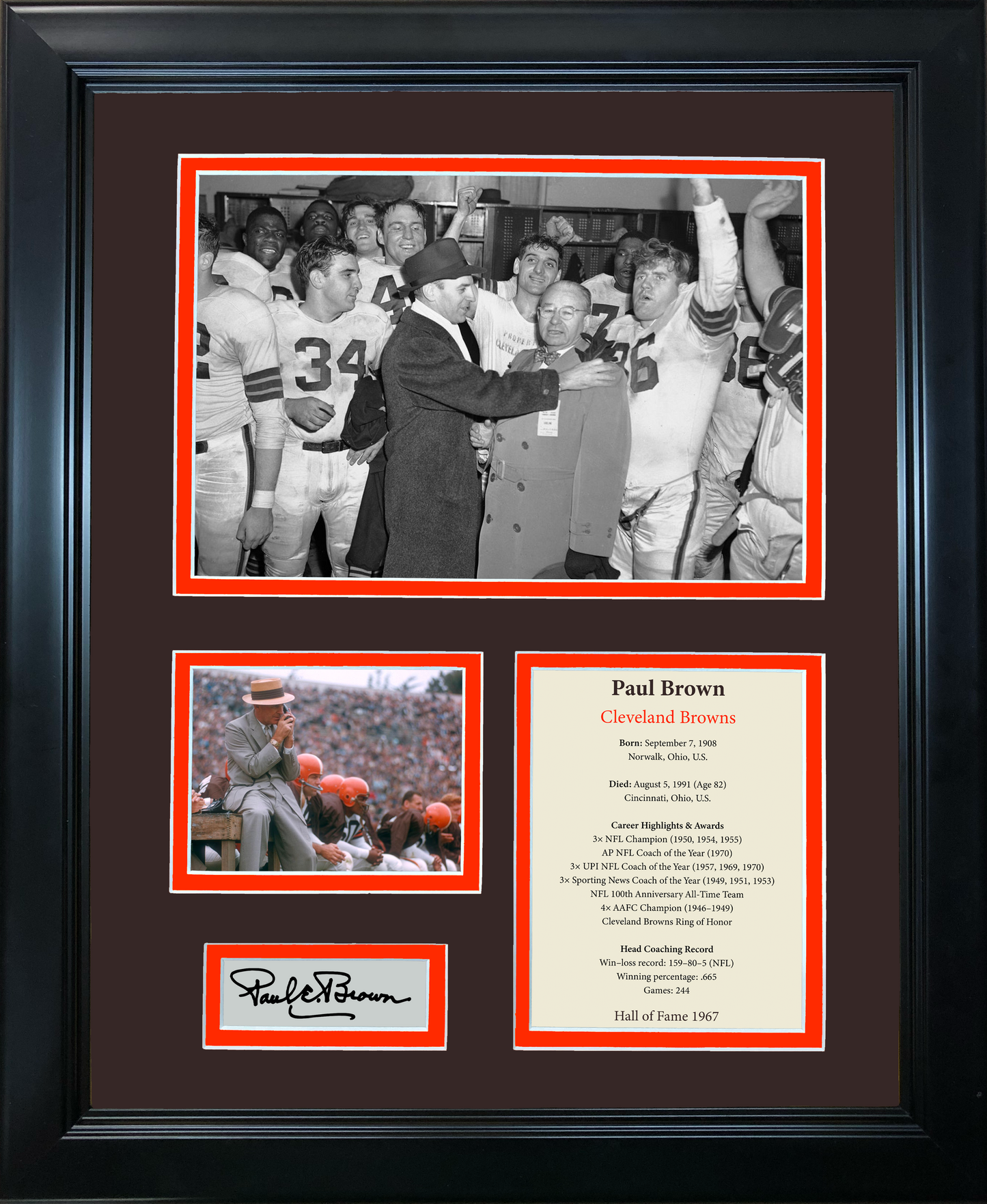 Framed Paul Brown Hall of Fame Facsimile Laser Engraved Signature Auto Cleveland Browns Football 11"x14" Photo Sig Collage