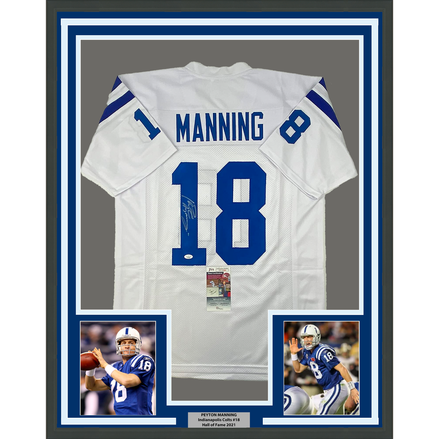 Framed Autographed/Signed Peyton Manning 35x39 Indianapolis White Football Jersey JSA COA