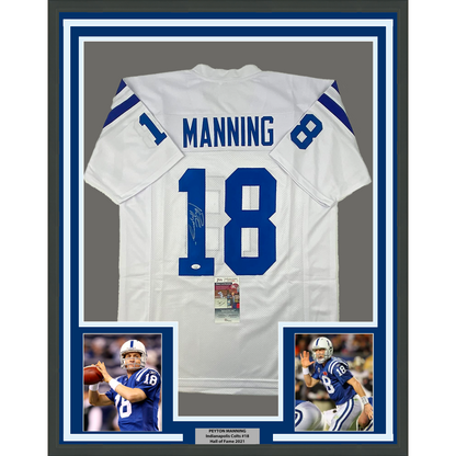 Framed Autographed/Signed Peyton Manning 35x39 Indianapolis White Football Jersey JSA COA