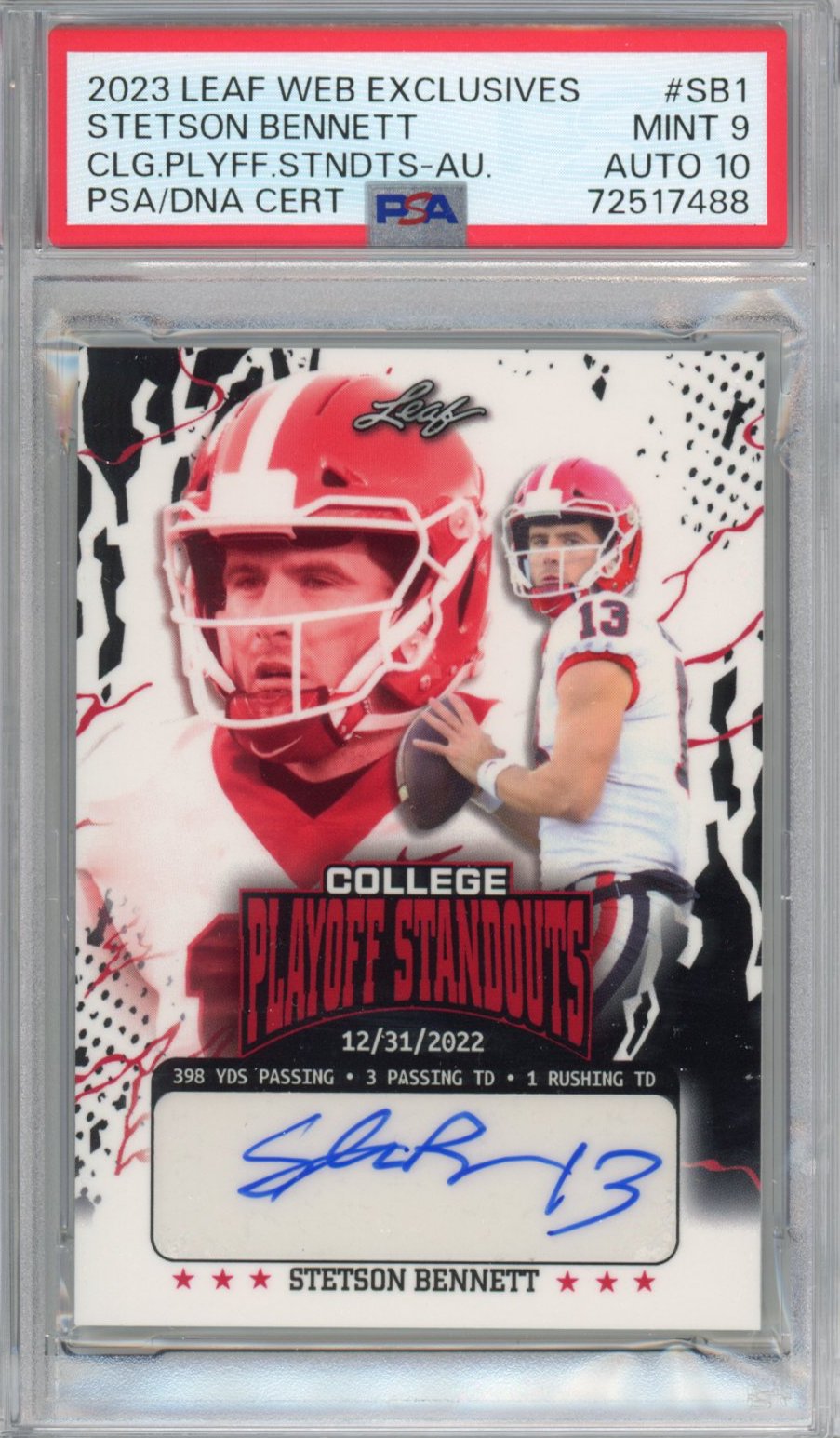 Graded 2023 Leaf College Playoff Standouts Stetson Bennett #SB1 Autographed  #/274 Rookie RC Football Card PSA/DNA 9 Mint Auto Grade 10