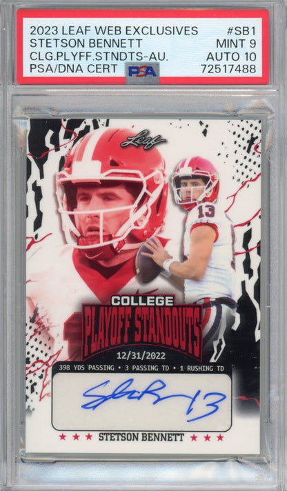 Graded 2023 Leaf College Playoff Standouts Stetson Bennett #SB1 Autographed  #/274 Rookie RC Football Card PSA/DNA 9 Mint Auto Grade 10
