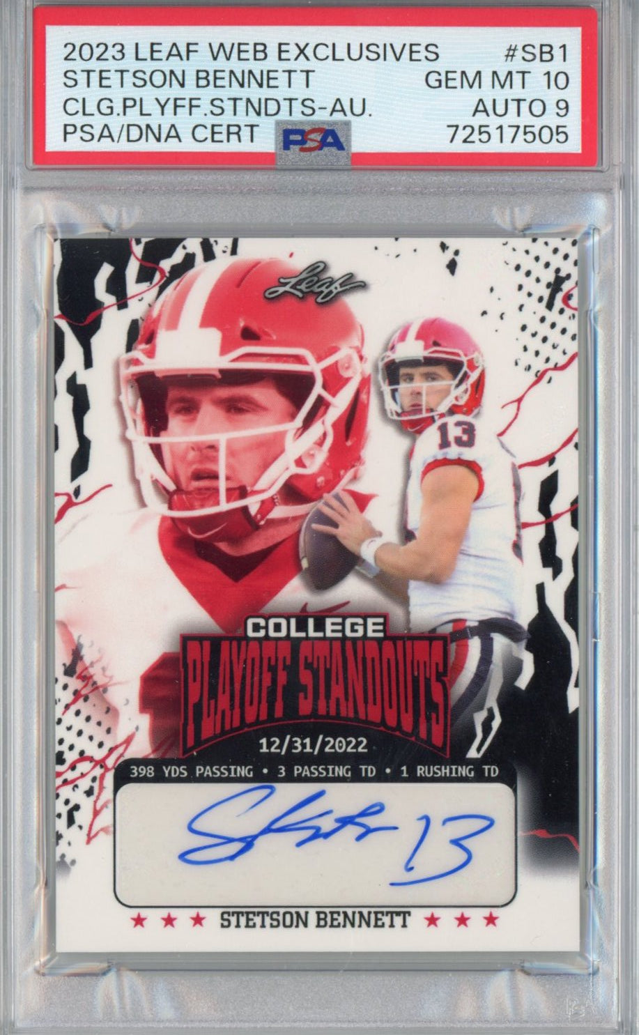 Graded 2023 Leaf College Playoff Standouts Stetson Bennett #SB1 Autographed  #/274 Rookie RC Football Card PSA/DNA 10 Gem Mint Auto Grade 9