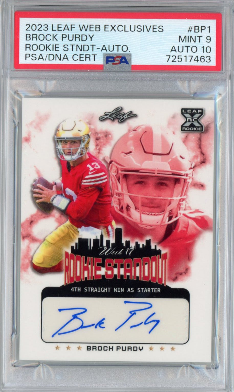 Graded 2023 Leaf Web Exclusives Standouts Brock Purdy #BP1 Autographed #/1000 Rookie RC Football Card PSA/DNA 9 Mint Auto Grade 10