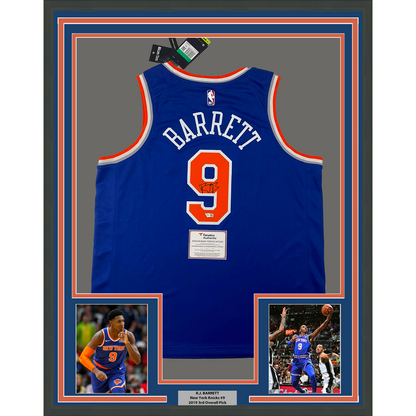 Framed Autographed/Signed RJ R.J. Barrett 35x39 New York Knicks Blue Basketball Jersey Fanatics COA