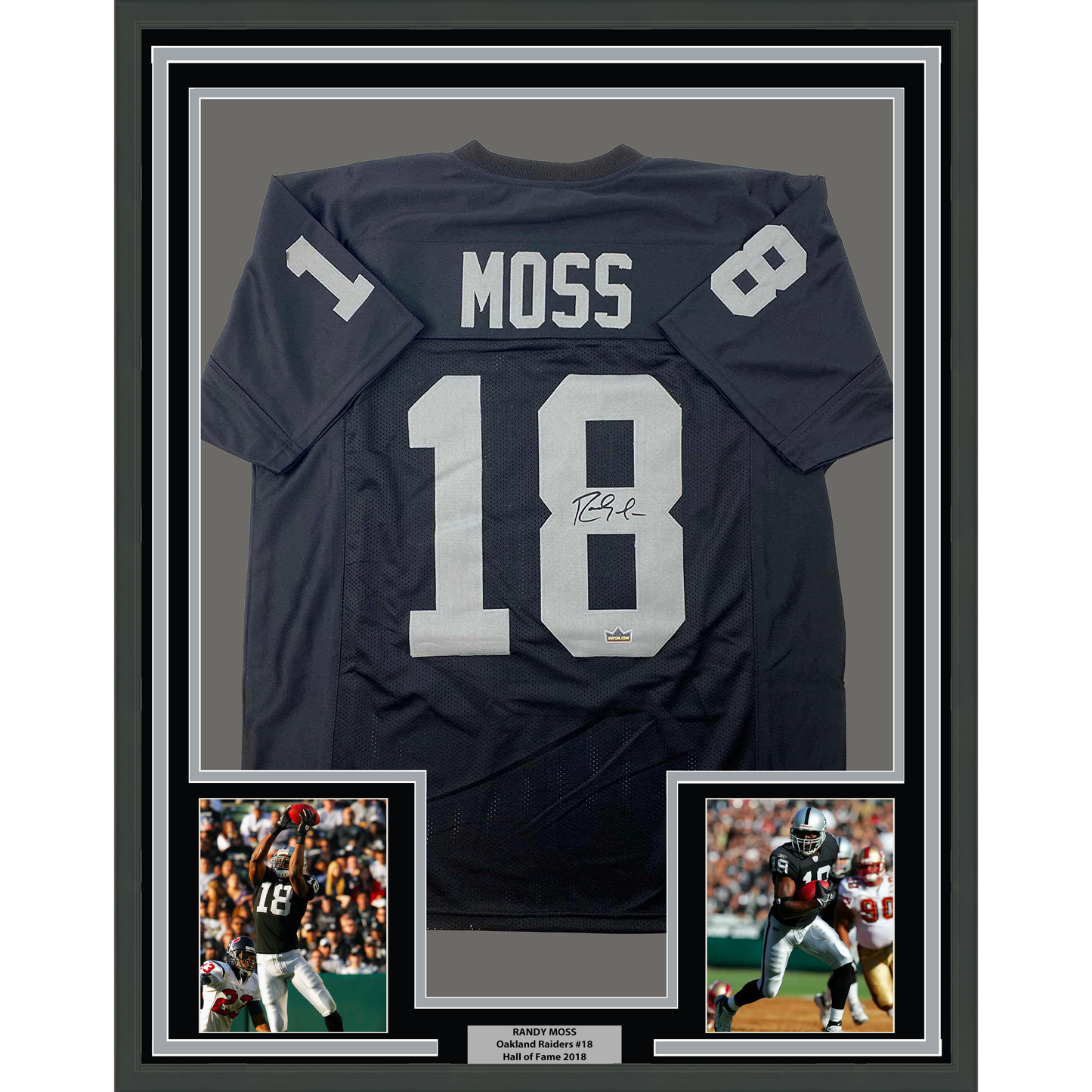 Framed Facsimile Autographed Randy Moss 35x39 Oakland Las Vegas Black Reprint Laser Auto Football Jersey