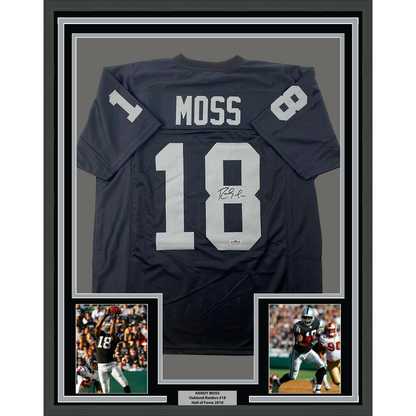Framed Facsimile Autographed Randy Moss 35x39 Oakland Las Vegas Black Reprint Laser Auto Football Jersey
