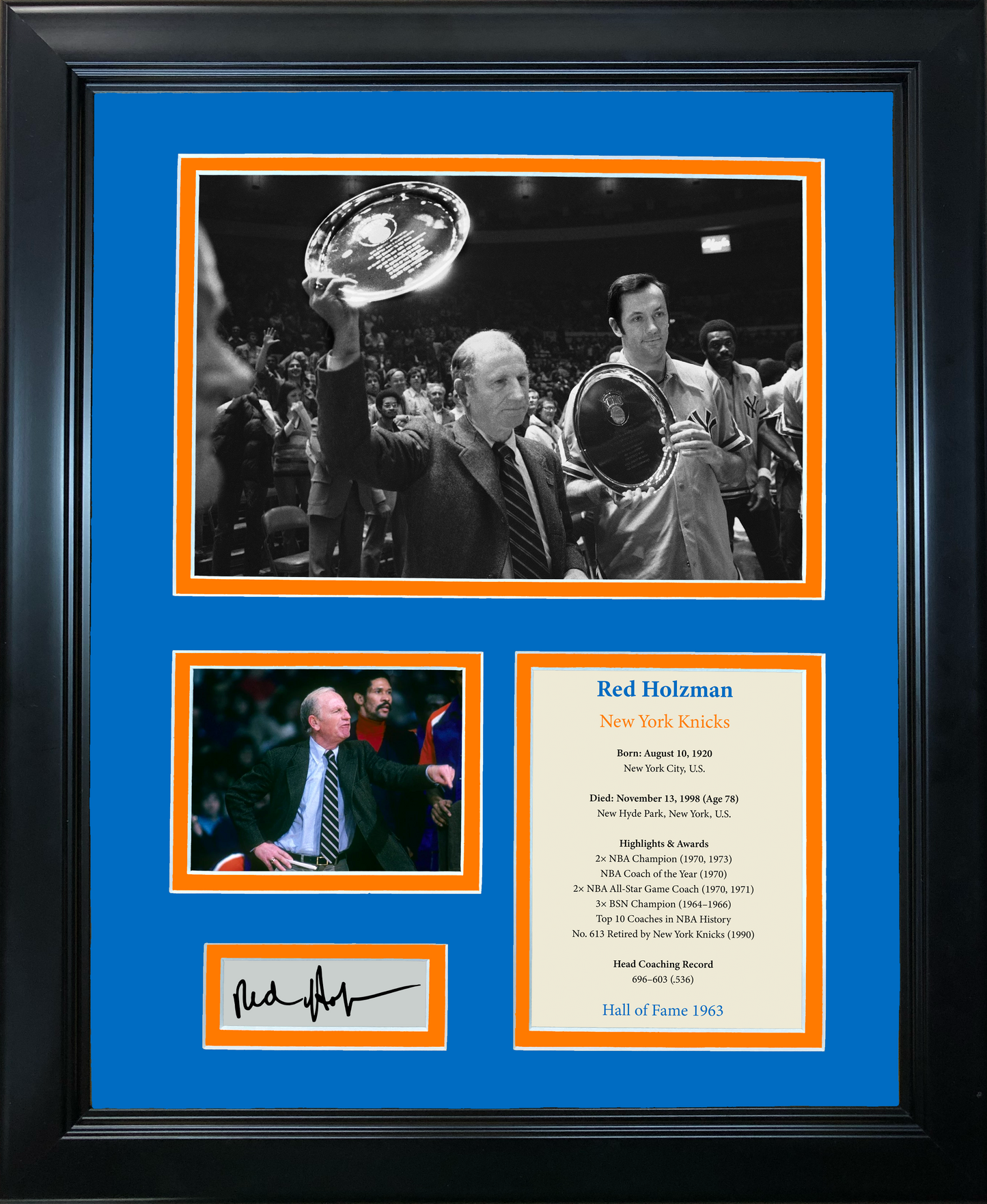 Framed Red Holzman Hall of Fame New York Knicks Facsimile Laser Engraved Signature Auto Basketball 11"x14"Photo Sig Collage