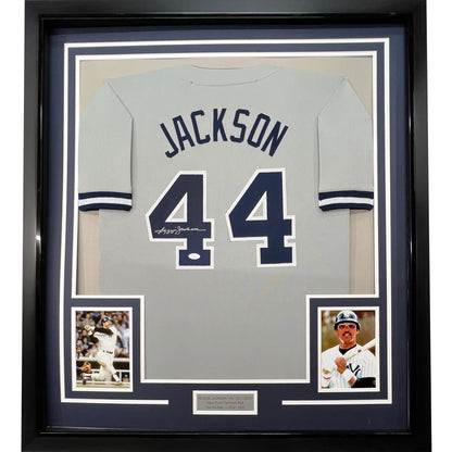 Framed Autographed/Signed Reggie Jackson 35x39 New York Grey Baseball Jersey JSA COA