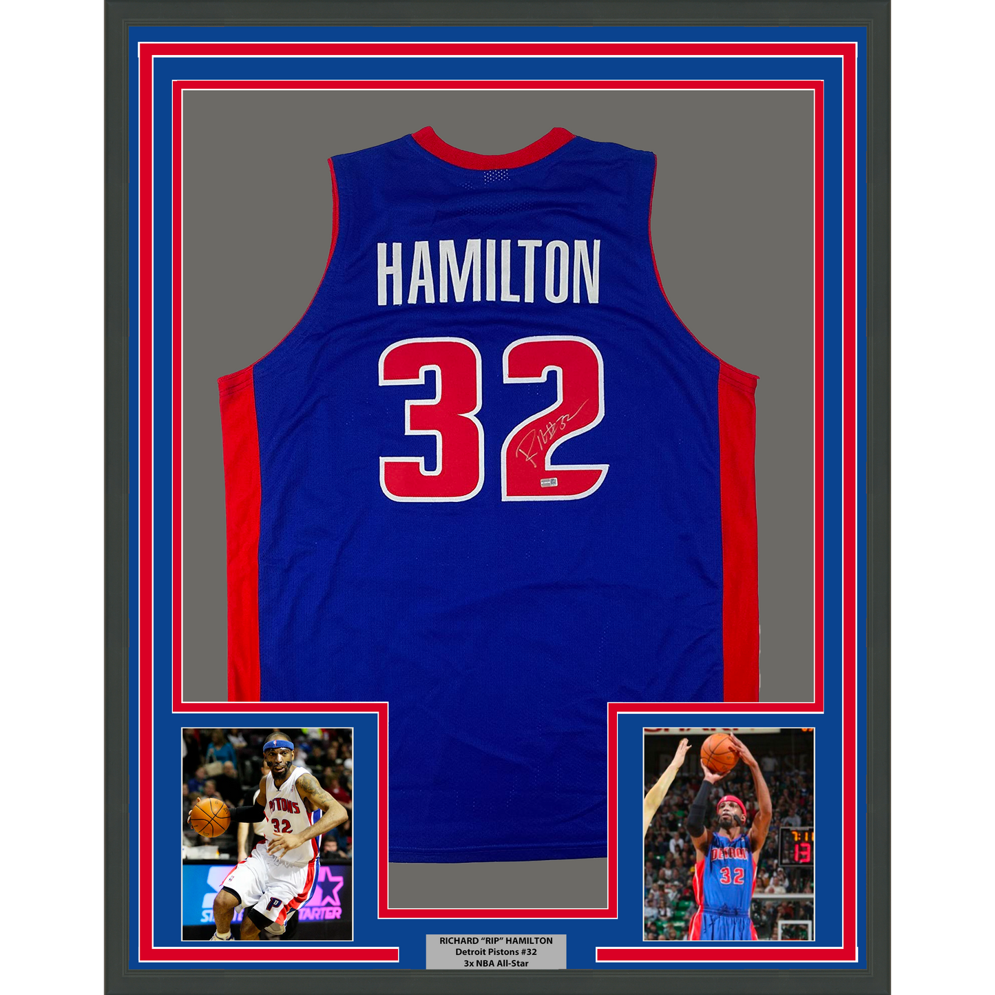 Framed Autographed/Signed Richard Rip Hamilton 35x39 Detroit Blue Basketball Jersey Steiner COA