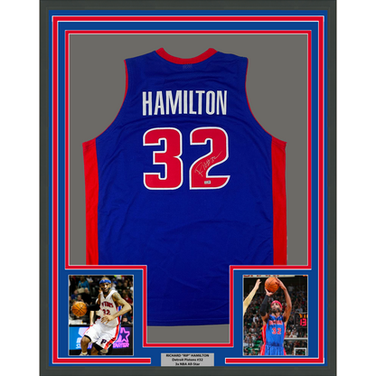Framed Autographed/Signed Richard Rip Hamilton 35x39 Detroit Blue Basketball Jersey Steiner COA